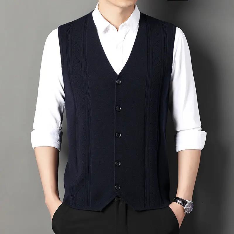 Men V‑Neck Knitted Vest Sleeveless Single Breasted Jacquard Waistcoat Casual Knit Sweater Gilet Male Daily Business Vest