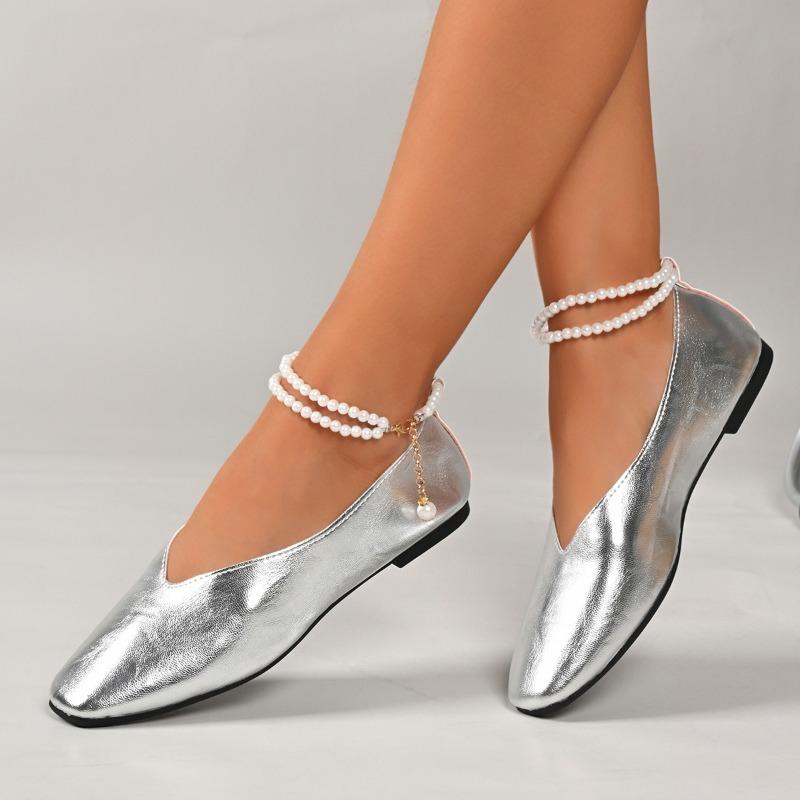 Mode Einzelne Schuhe Herbst Neu Quadratische Zehenpartie Flacher Ausschnitt Perlenbesatz Riemchen Slipper Weiche Sohle Rutschfest Niedrig Absatz Schuhe