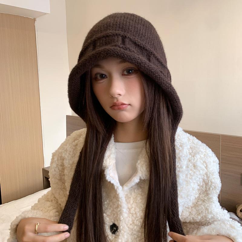 Knitted Balaclava Hat Women's Winter Lace-Up Warm Ear Protector Outdoor Riding Versatile Cold-proof Wool Hat
