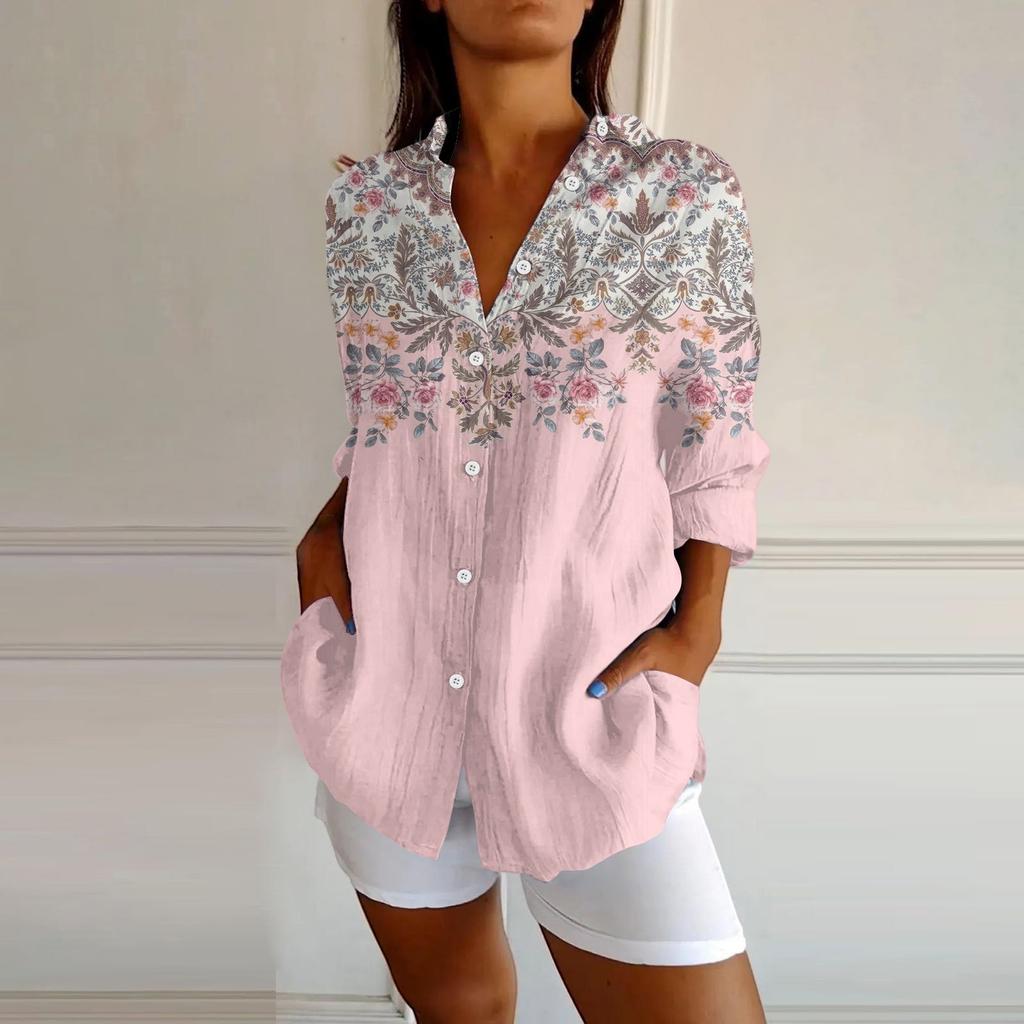Womens Button Down Shirts Cotton Linen Long Sleeve Dress Shirts Casual Summer Tops Work Blouses