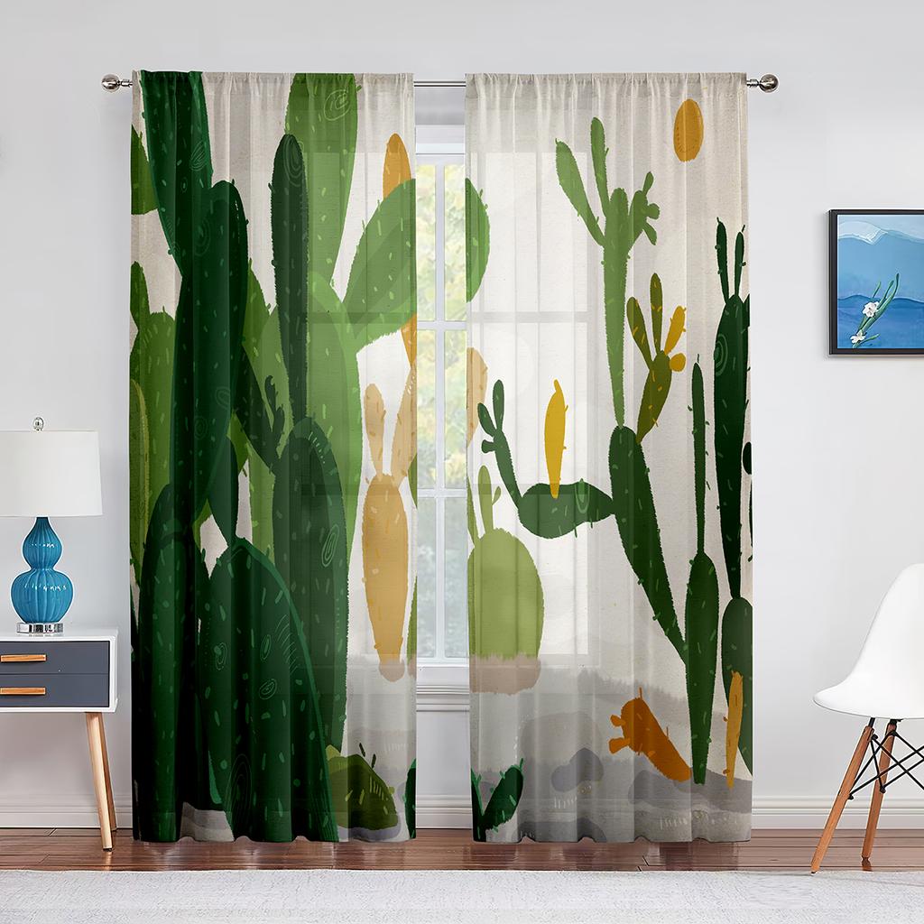 Cartoon Tropical Kaktus Natürliche Vegetation Sheer Voile Vorhänge für Wohnzimmer Schlafzimmer Küche Chiffon Tüll Fenster Vorhänge