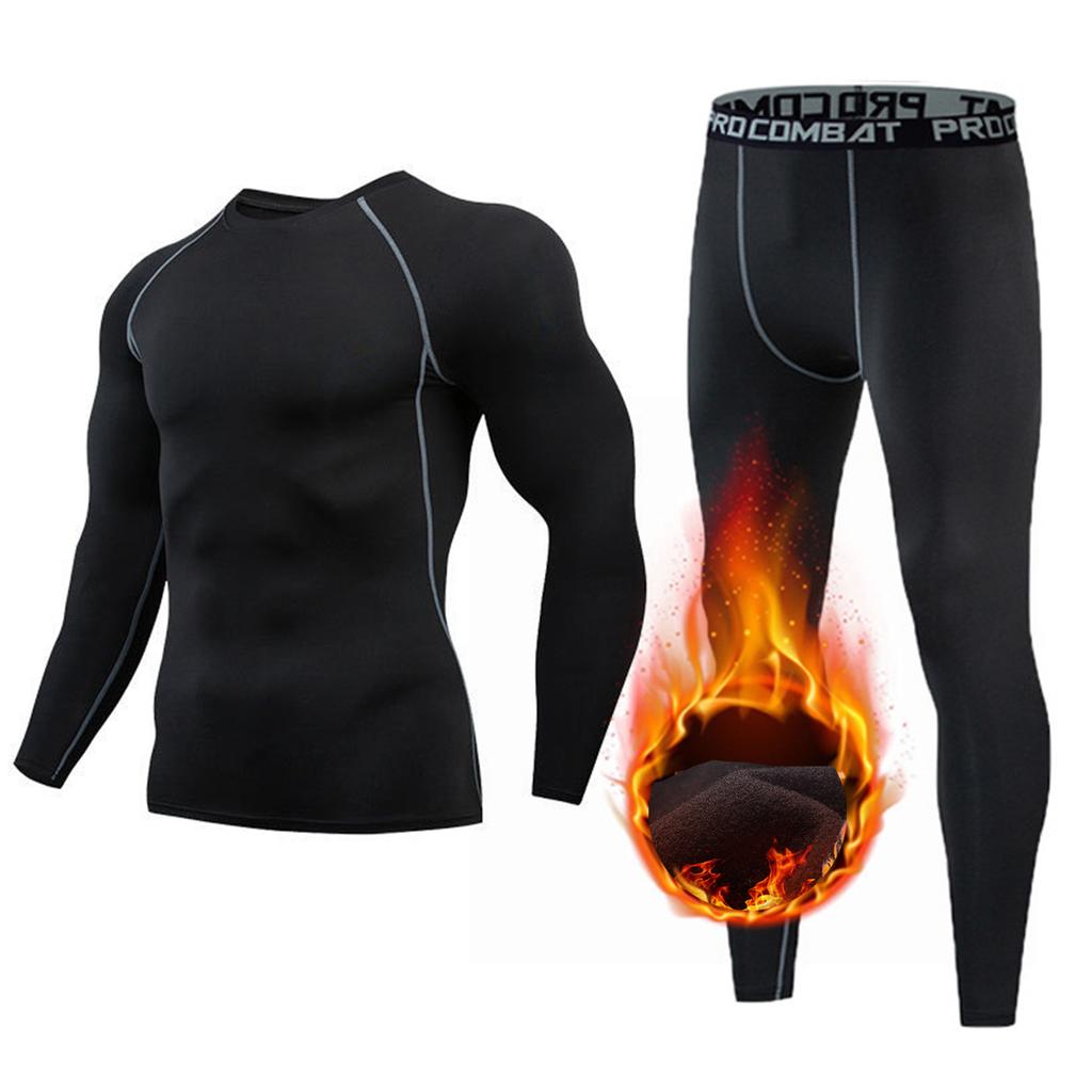 Men Round Neck Long Sleeve T-shirt Trousers Set Compression Thermal Underwear Fleece Lined Long Johns Winter Warm Base Layer