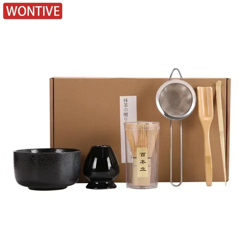 6 Pcs Bamboo Matcha Whisk Scoop and Holder Matcha Bowl with Strainer Japanese Matcha Ceremony Accessory for Family Beginner