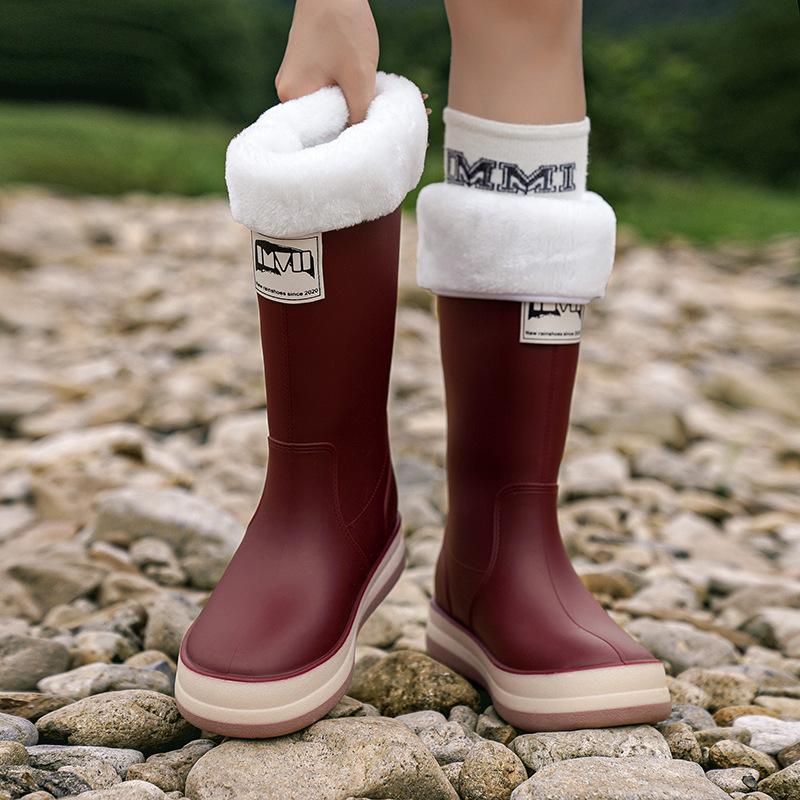 Comemore Outdoor Women's Rain Shoes Mid-calf Fishing Non-slip Waterproof Shoe Couple Work rainboots Rubber Warm Boots 44