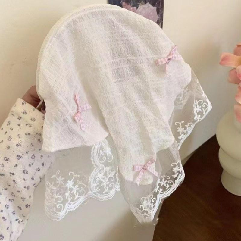 Koreanische Spitze Schleife Retro Dreieckstuch Einfarbig Kopftuch Trend Elegant Kopfbedeckung für Frauen Mädchen Y2K Schmuck 2024 INS Bandana