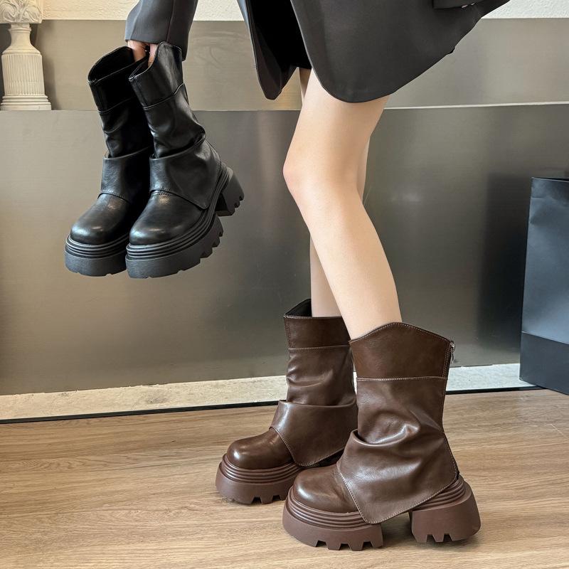 Brown Maillard Platform Martin Boots Women's 2025 New Summer Single Boots Short Boots Heightening Pile Pants Tube Boots