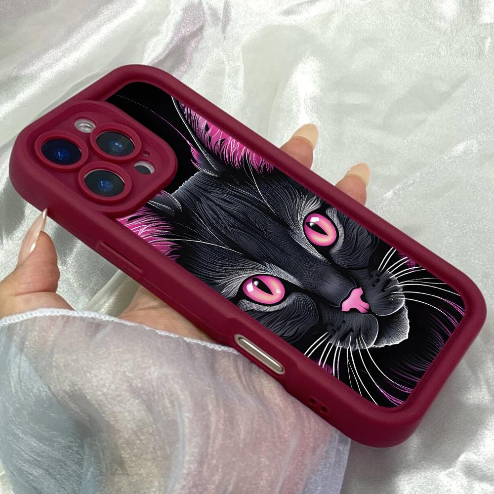 JT73 Black Cat Pink Eyes Phone for iPhone 17 16 15 Pro Max Samsung S26 S25 Ultra A17 A16 A07 A56 Xiaomi 15T Redmi Note 14 Pro Plus Soft TPU Case Cover