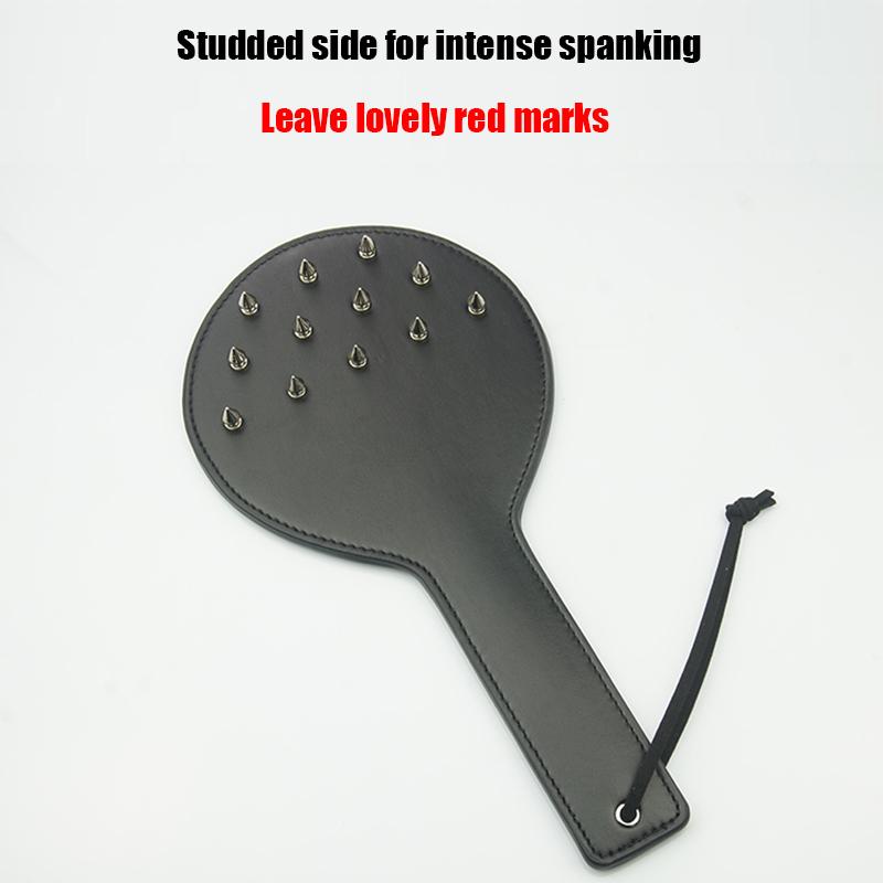 Round Spanker Bondage Role Play,Dual-sided Thick Leather Spanking Paddle Slapper with Spikes,BDSM Sex Toys For