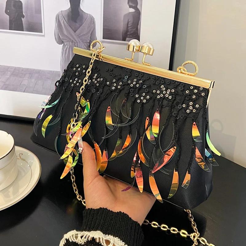 

Сумка-мессенджер с пайетками для женщин, выпускной клатч, сумки на плечо, классические сумки с застежкой-молнией и бахромой, белое золото