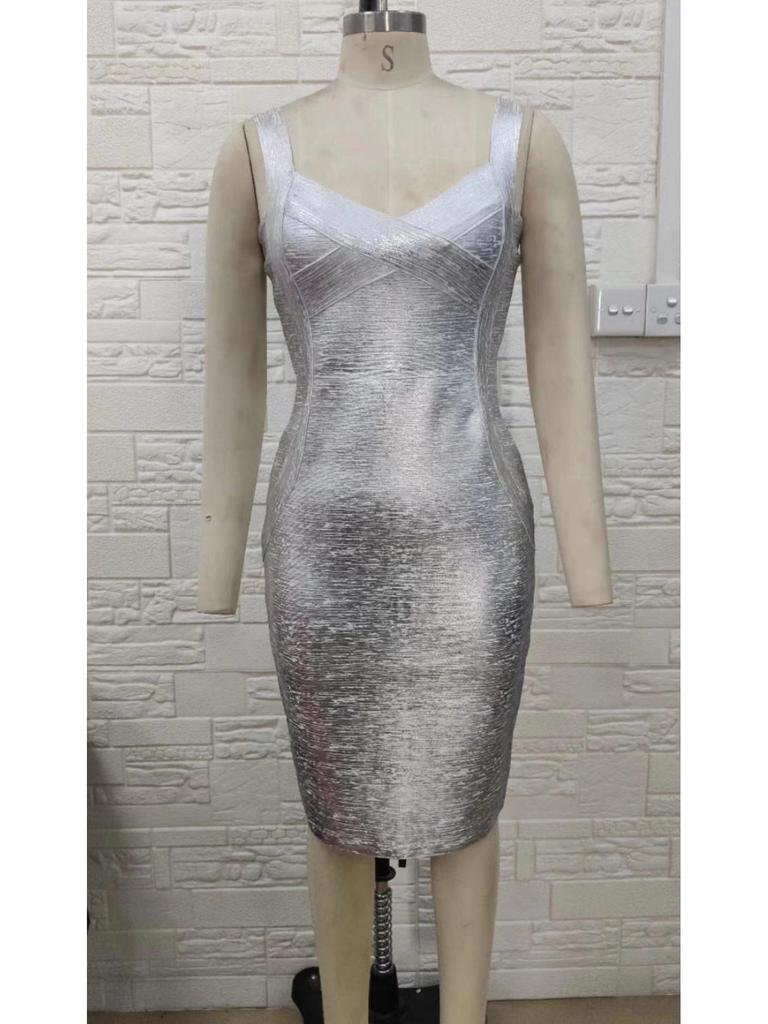 Gold Spaghetti Strap Bodycon Dress, High Waist Evening Wear