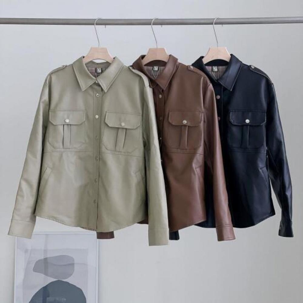 New Arrivals Open Run Women Leather Check Contrast Belted Shirt Jacket