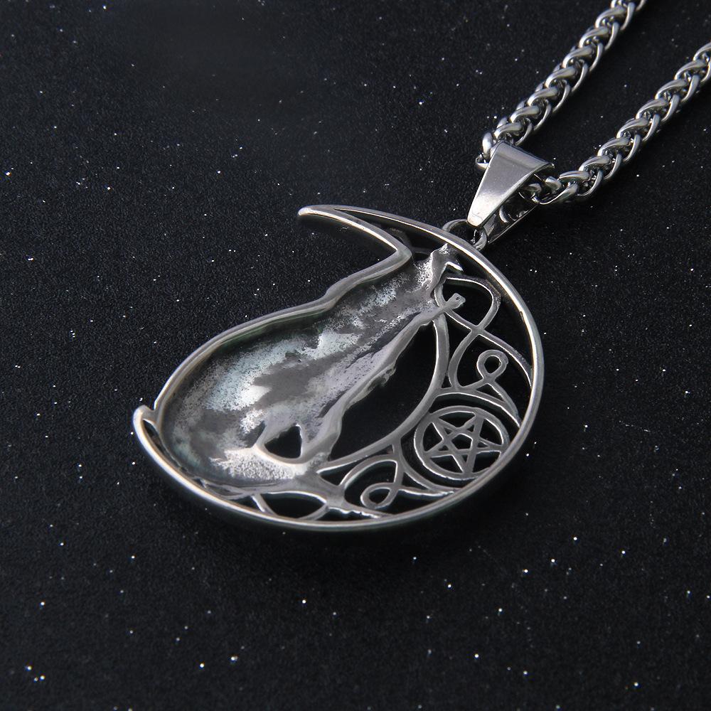 Stainless Steel Howling Wolf Moon Necklace - Viking & Slavic Animal Pendant with Adjustable Chain for Couple Jewelry Gifts