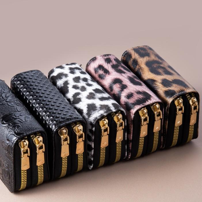 Leopard Print Accordion Wallet: Women's Double Zipper Coin Purse & Multi-Card Holder