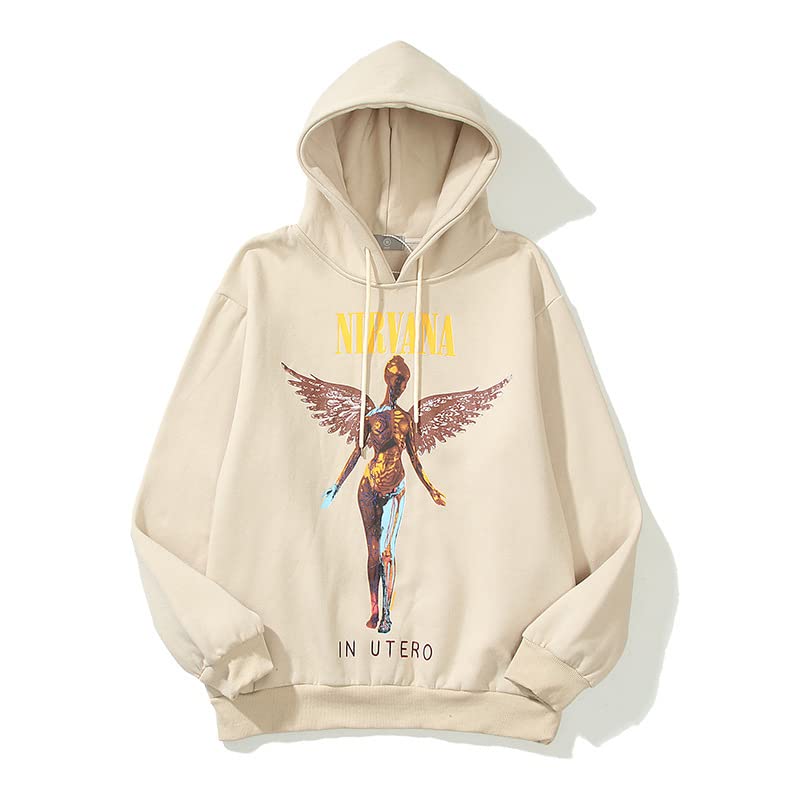 Nirvana Hoodie, Rock Band, Angel, Fall/Winter Style, Casual, Long Sleeve, Hooded Shirt, Soft, Crew Neck, 100% Cotton, Unofficial (White, XXL)
