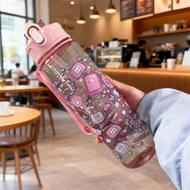 750ml Cute Cartoon Pattern Water Bottle, Large Capacity Portable Leak-Proof Tumbler with Carry Strap and Straw for Sporting