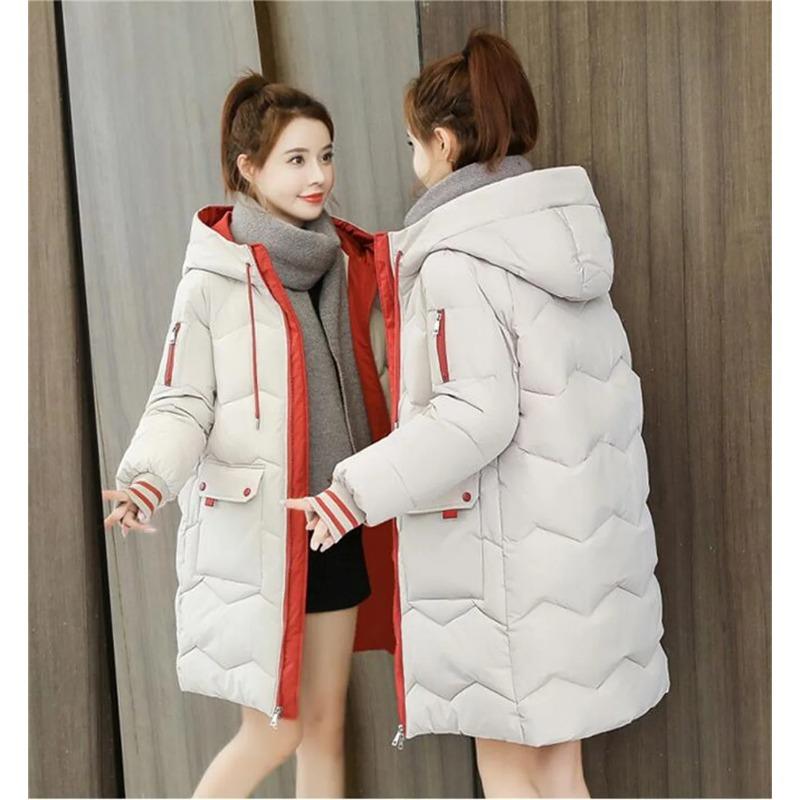 Damen Winter Mittellanger Steppmantel Kapuzenmantel Dicke Warme Jacken Kontrasttaschen Mode Parkas Lässige Lockere Daunenjacke