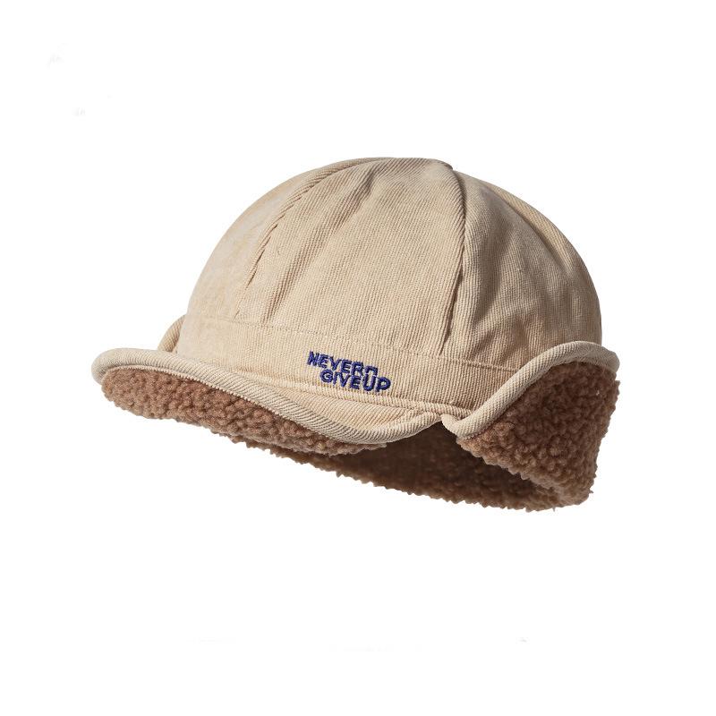 Retro Corduroy Lamb Wool Thickened Warm Ear Protection Women Winter Cute Wool Hat Men