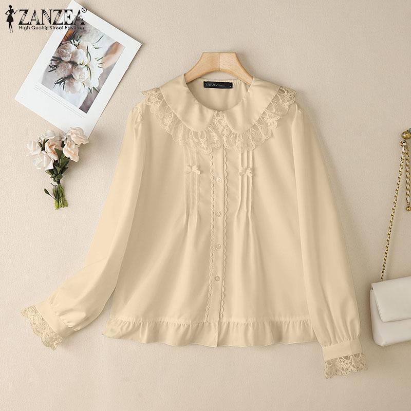ZANZEA Bluză casual cu mânecă lungă și guler de păpușă cu dantelă pentru femei