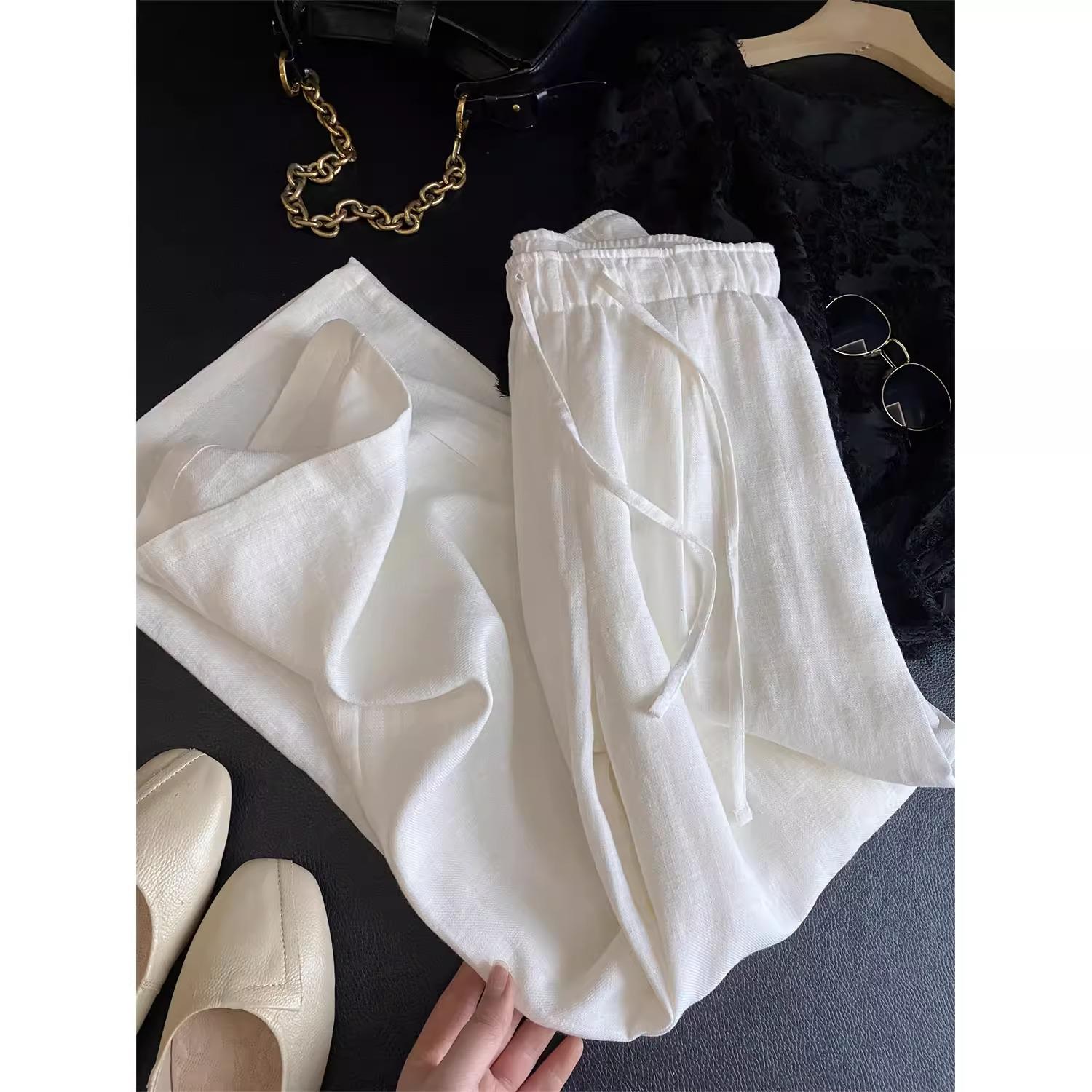 

CHAO s Minimalist High-End White Linen Wide-Leg Pants for Women - Lightweight Summer Vacation Style S белый