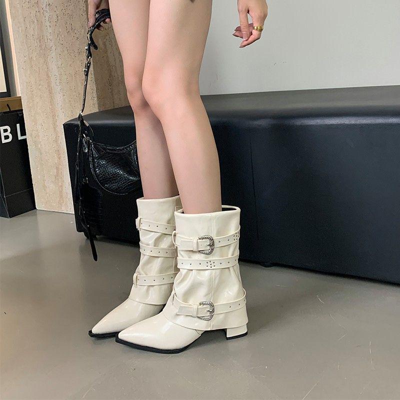European & American Style Rhinestone Buckle Over-the-Knee High Heel Boots 2025 - Women's Autumn Pointed Toe Chunky Heel Ankle Boots.