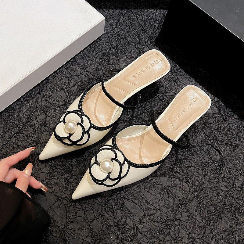 Baotou sandals women's summer 2025 new French pearl flowers pointed thin heels empty slippers are not tired of high heels