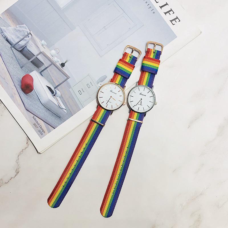Men's Rainbow Canvas Strap Ultra-thin Double Hand Quartz Watch - Creative, Fashionable, and Popular Design