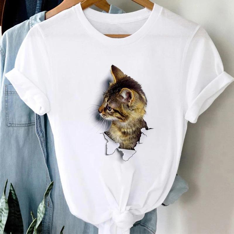 Harajuku Women's Short Sleeve T Shirt Casual White Tops Female Clothing T-shirt Cat Print Ladies Gothic Tshirts
