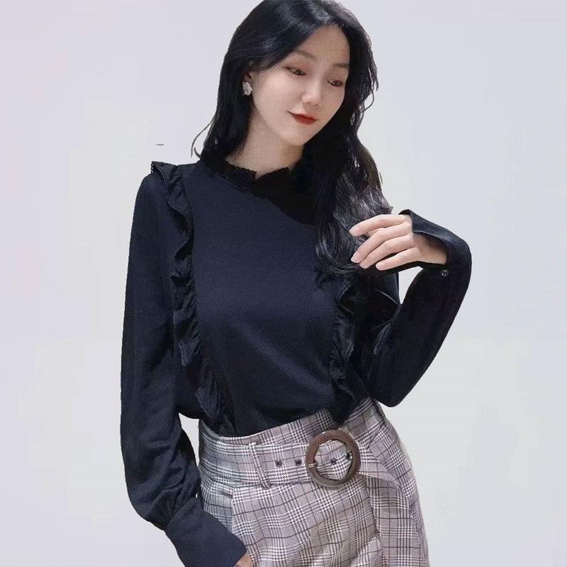 Shopping mall 1116 women's clothing autumn and winter new ruffle edge black round neck pullover long-sleeved shirt 1111171