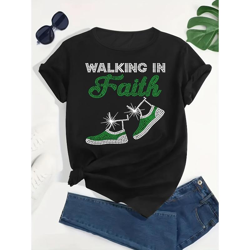 Womens Plus Size Walking in Faith Graphic Tee Blend Crew Neck Alphabet Pattern Medium Stretch All Season Casual Top