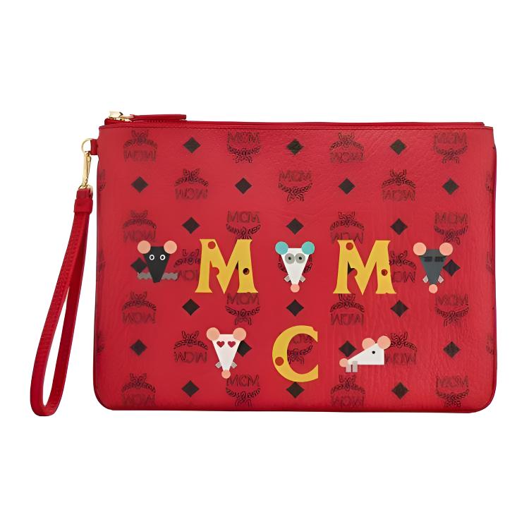 MCM Year of the Rat Clutch Bag, Red Visetos Monogram Wristlet with Mouse Print, for Daily Travel Shopping Cosmetics MXZASXL02RJ001