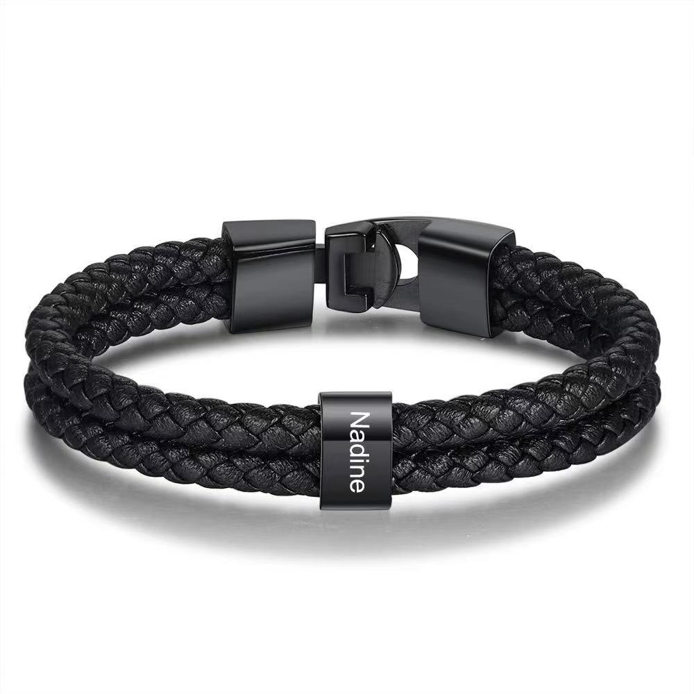 Custom Family Names Beads Bracelet Men Personalized Engraved Accessory Black Leather Stainless Steel Bangle Father's Day Gift