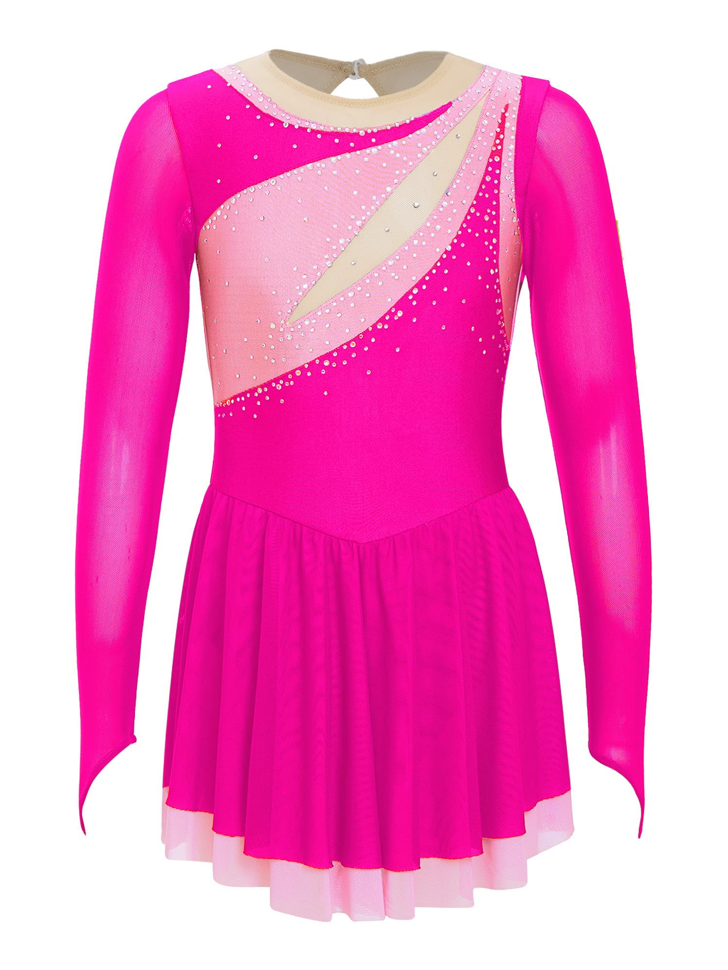 

Girls Color Block Patchwork Dance Dress Glittery Rhinestone Sheer Mesh Long Sleeve Keyhole Back Figure Skating Gown 5-6 Years гарячі рожевого кольору