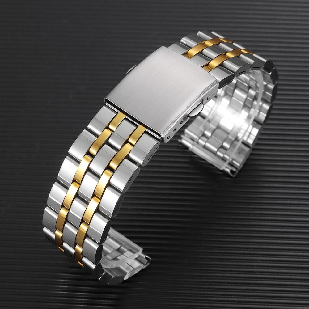 Wristband 18mm 20mm 22mm Stainless Steel Watch Bracelet Double Press Folding Buckle Strap for Men Silver Gold Metal Watch Band