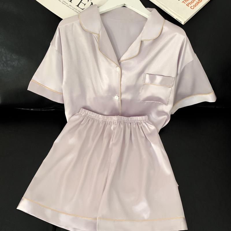 Japanese Ice Silk Short-Sleeved Pajamas Women'S Solid Color Fresh Casual And Comfortable Loungewear Set
