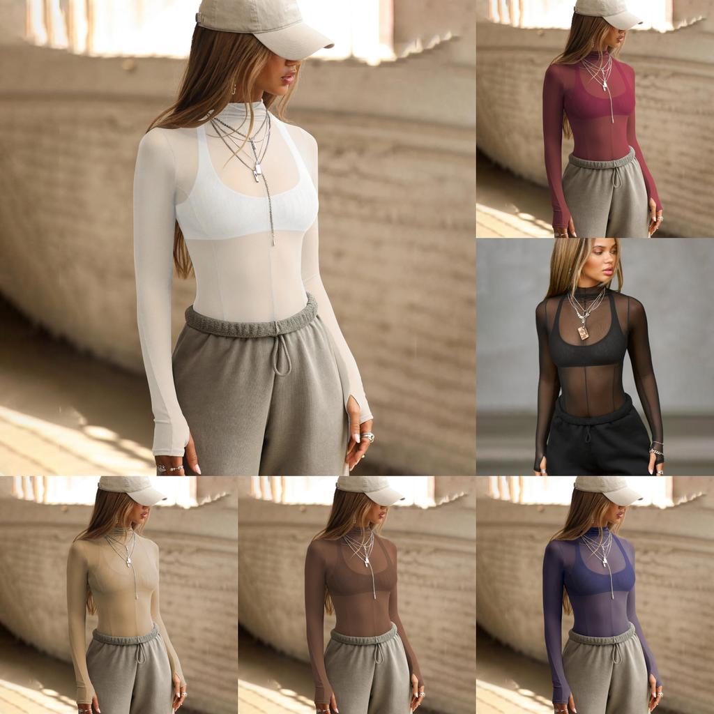 Long Sleeve Mesh Top With Semi High Neck For Streetwear And Party Wear