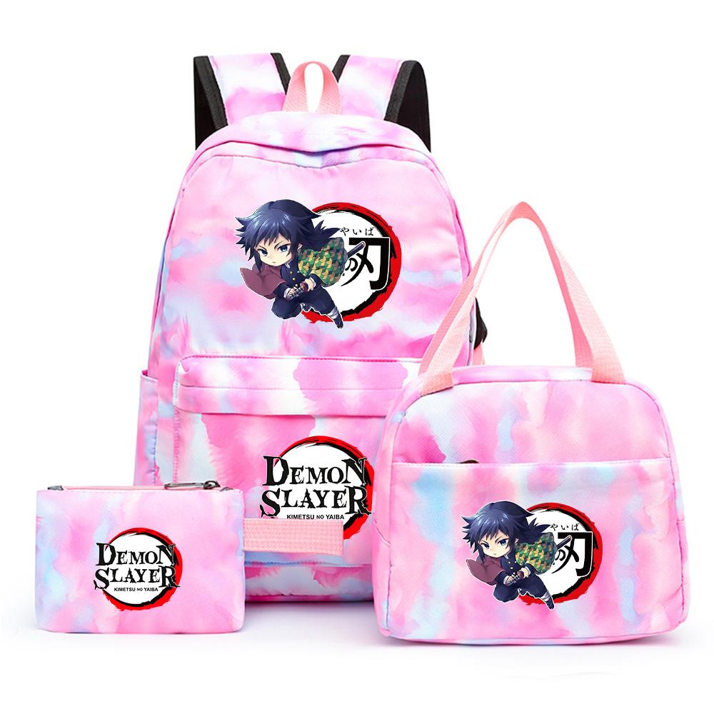 3 st/set Anime Demon Slayer Tryckt Ryggsäck med Matlåda Pennfodral för Tonåring Tillbaka till Skolan Stor Kapacitet Vattentät Skolväska Flickpojke Gåva