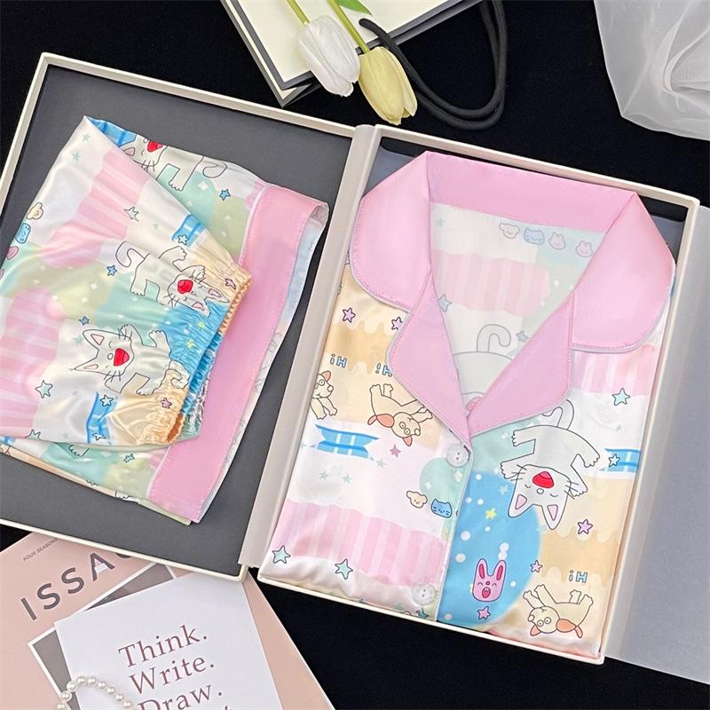 Girls Sweet Macaron Pajamas Women S Summer Thin Ice Silk Short Sleeve Student Cartoon Home Suit M