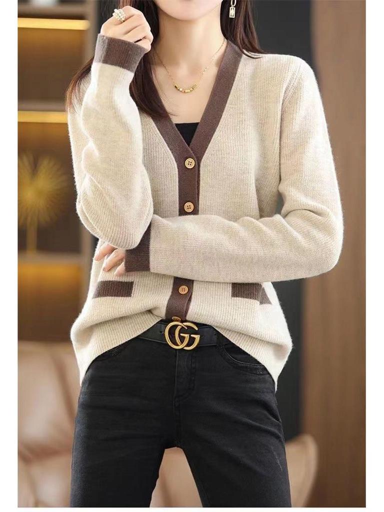 2023 Color Block V-neck Knit Cardigan: Korean Style, Loose Fit for Women, Trendy Spring/Autumn Sweater Outerwear.