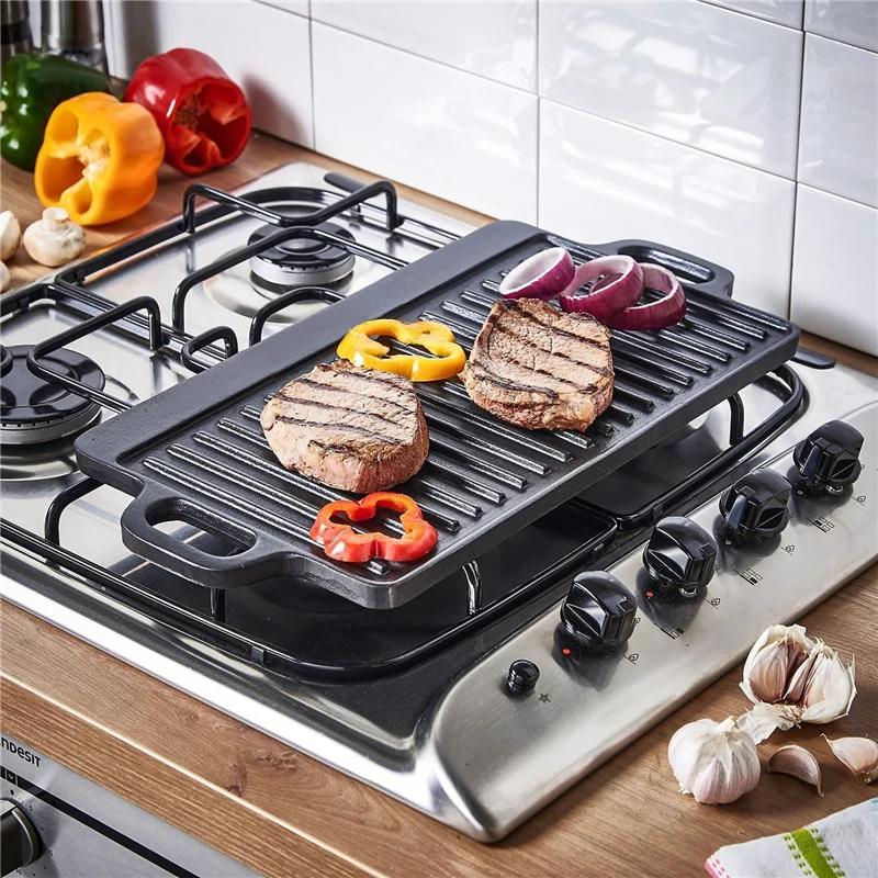 Barbecue Tray Cast Iron Baking Tray Outdoor Rectangular Barbecue Pan Steak Barbecue Plate Double Sided Baking Tray Iron Plate
