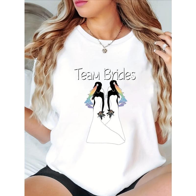 

Women s Casual Short Sleeve T-Shirt - Team Brides Graphic Print with Geometric Rainbow Design comfortable S белый