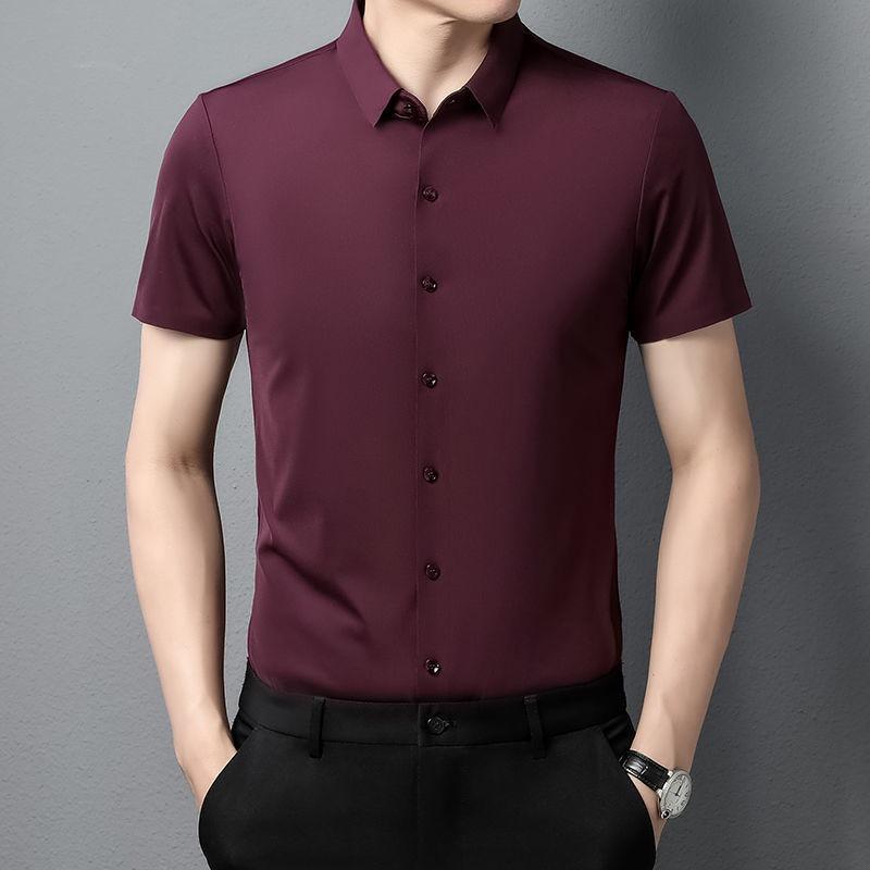 High End Ice Silk Shirts Men Short Sleeve Business Wrinkle Shirt Single Breasted Elastic Tops Luxurious Wedding Clothes