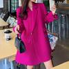 Women's Large Rose Red Suit Jacket, Medium-Long Casual Blazer for Spring and Autumn [0120]