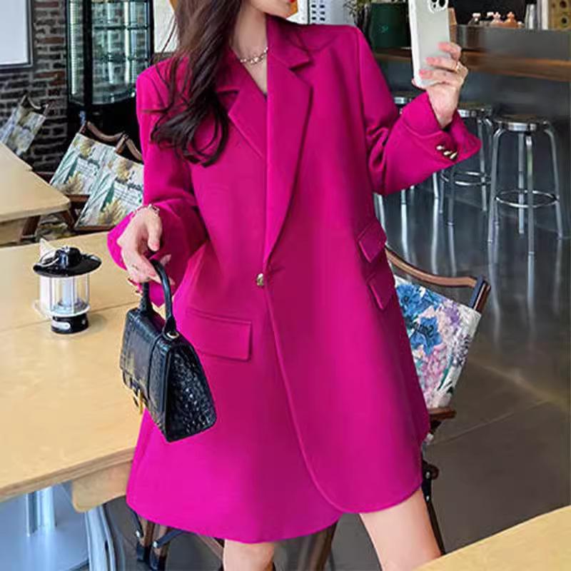 Women's Large Rose Red Suit Jacket, Medium-Long Casual Blazer for Spring and Autumn [0120]