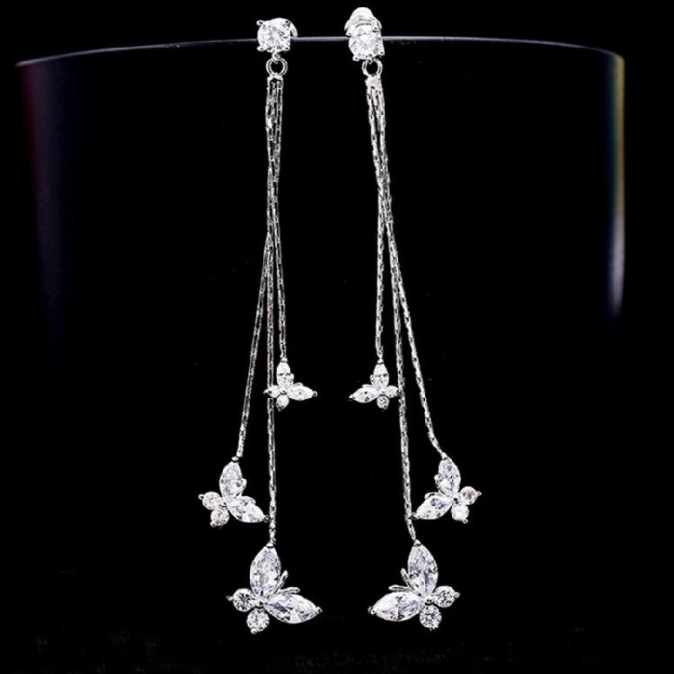 Shimmering Tassels Earrings Featuring 3 Crystal Butterflies Allergy Resistant Zinc Alloy Jewelry For Gift Giving
