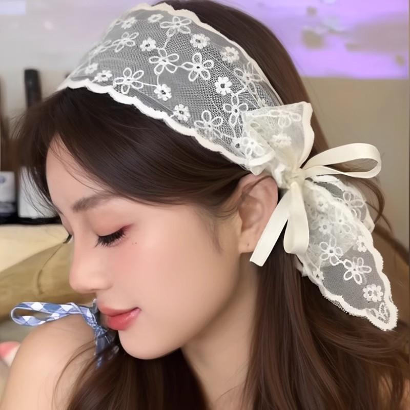 New Vintage Pastoral Lace Hair Band White Lace Bow Wrap Sweet Headband Elegant Embroidery Ribbon Headband Wedding Accessories