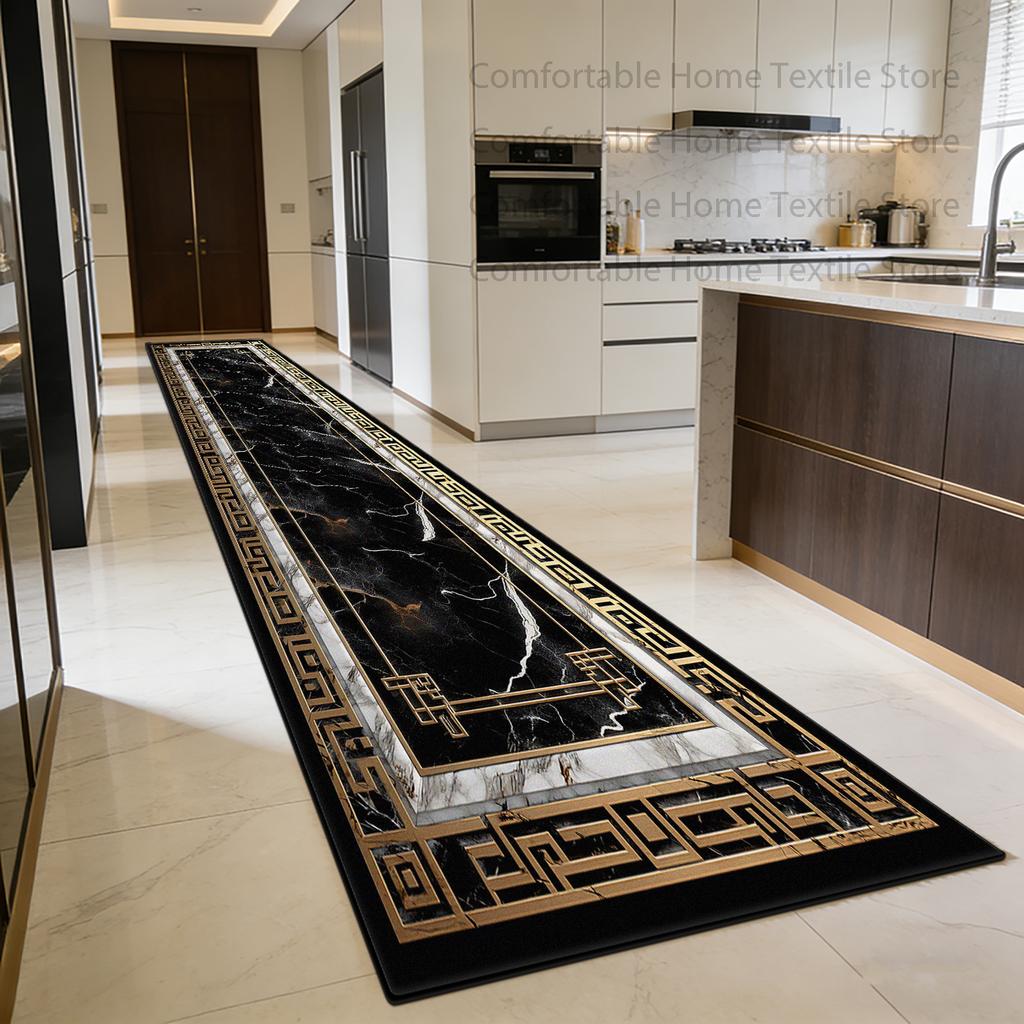 European Light Luxury Golden Pattern Corridor Rug Home Decoration Foldable Antiskid Carpet Easy Clean Lint-free Long Runner Mats