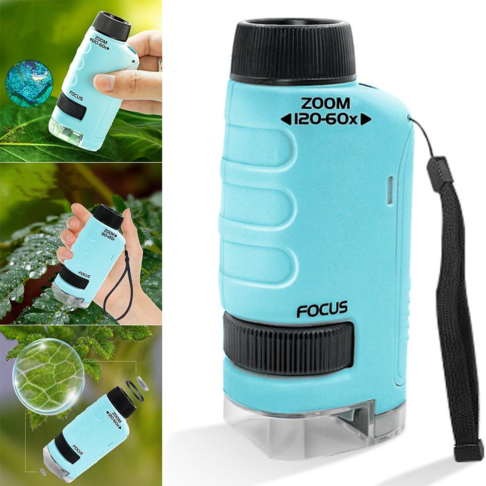 Handheld Microscope Mini Pocket Microscope Kit 60-120x Lab Microscope Zoom Wheel Adjustable with LED for Kids Educational
