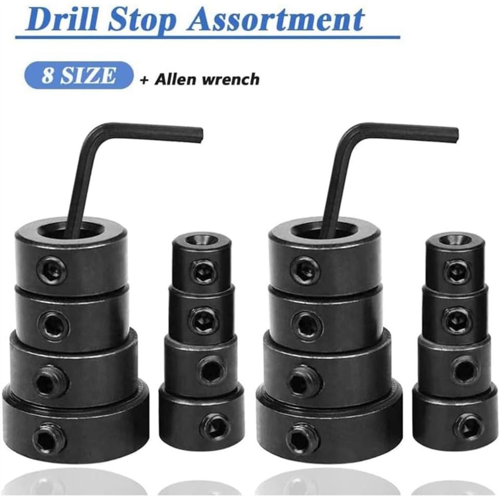 Drill Stop Collars, 16pcs Adjustable Depth Stop Collars for Drill Bits, Carbon Steel, Compatible with Drilling Machine