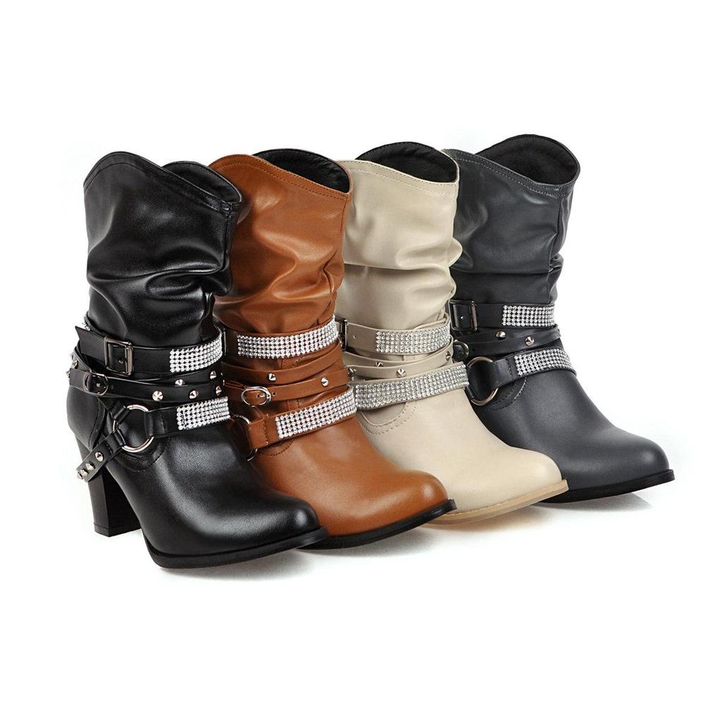 J/Winter New High Heel Thick Heel Round Toe Short Boots European and American Feng Shui Diamond Belt Decorative Women's Boots