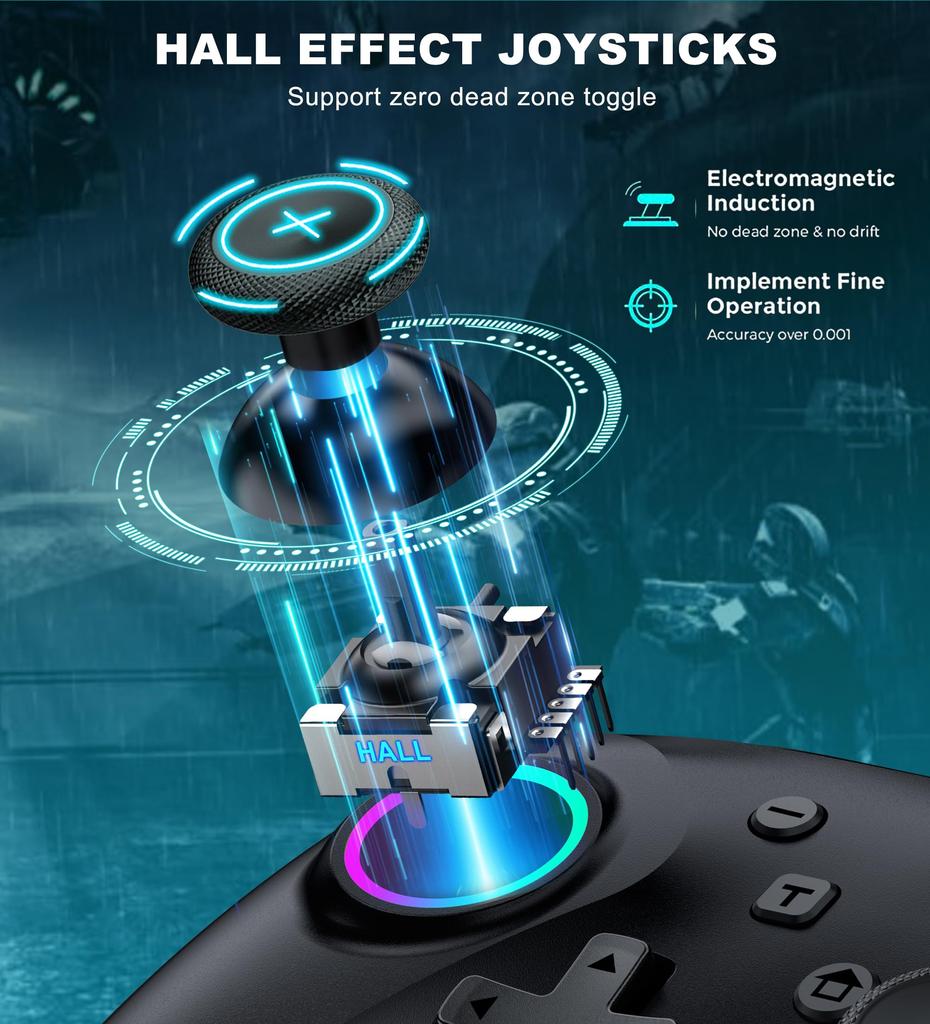 Switch Controller with RGB Macro Hall Effect Turbo 1000mAh High Compatible with Fish Scale Design 6-Color Light, Function, Joystick, Wireless,